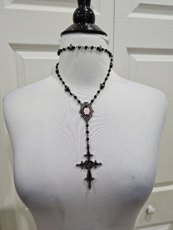 Dolls Kill Jewelry - Dolls Kill Goth Widow Holy Mark Rosary Black Cross Rose Cameo Skull Necklace